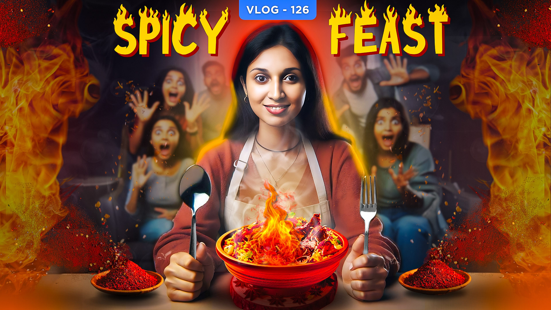 Image of a woman smiling with a fiery bowl of food, surrounded by flames and shocked onlookers