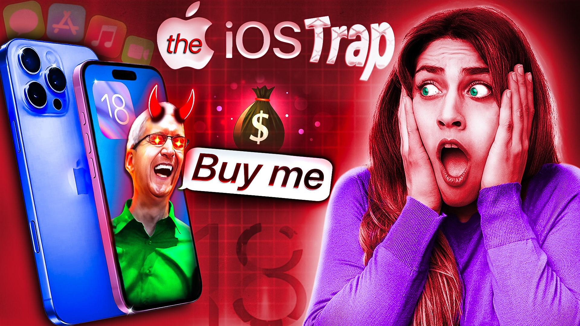 Shocked woman reacting to an iPhone with devil horns, dollar bag, and 'Buy me' text