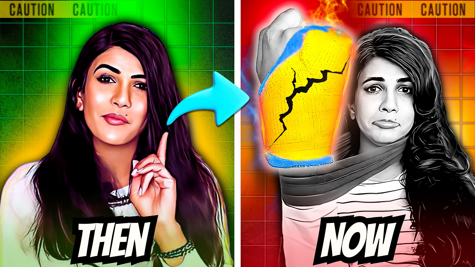 image showing a before image of a happy woman and an after image of a sad woman with a broken hand