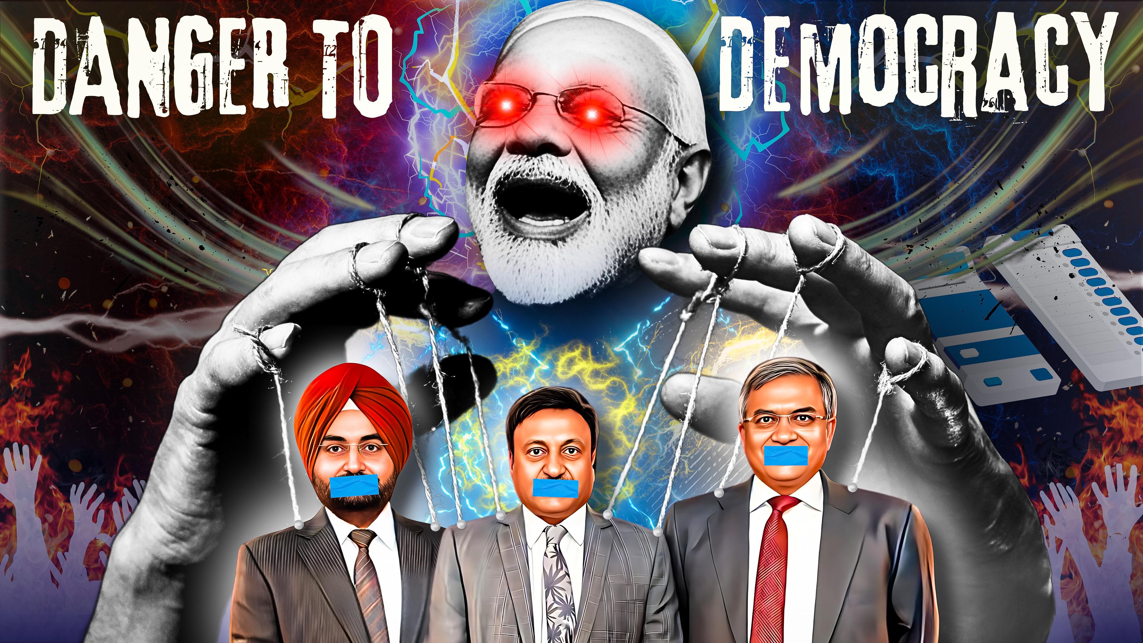 A man with glowing red eyes controls three gagged men like puppets, with 'DANGER TO DEMOCRACY' text above.