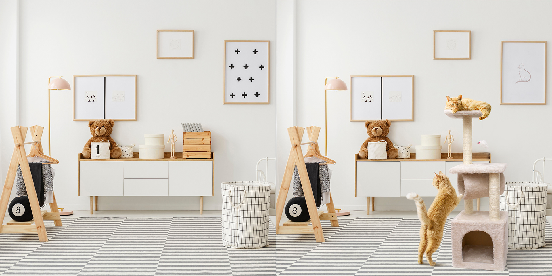 Cat tower with 2 red cats in bedroom of creamy and beige colors. Before and after image.