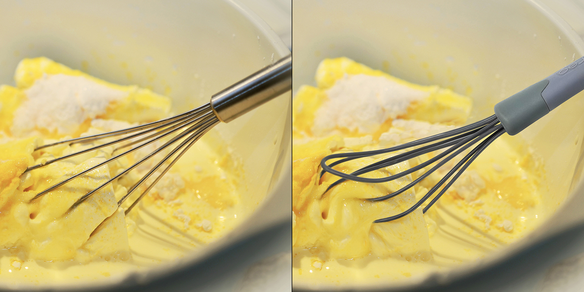Whisk in yellow butter. Before and after image.