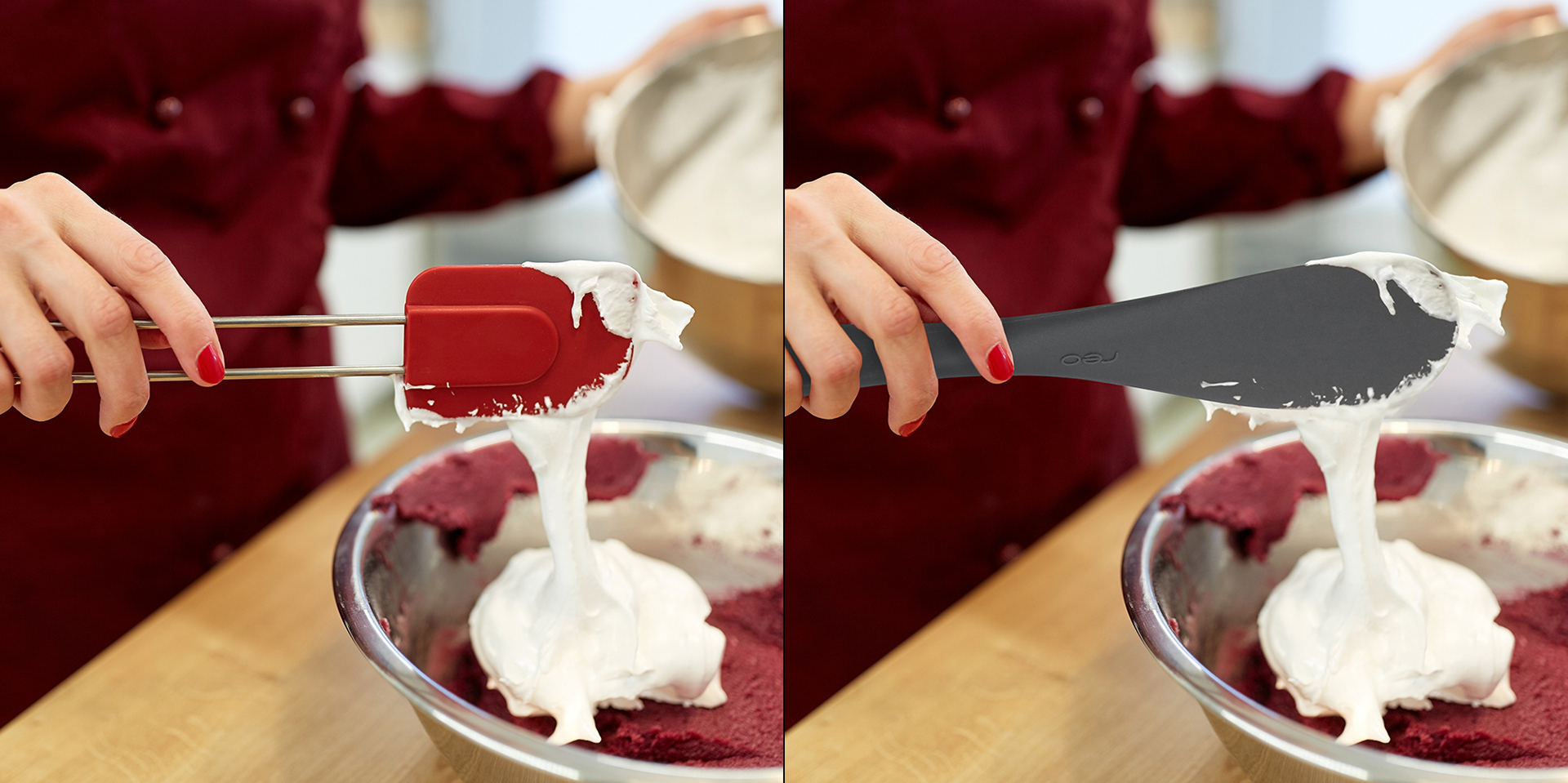 Hand with red nails holding grey silicone spatula with white whipped cream making cake. Before and after image.
