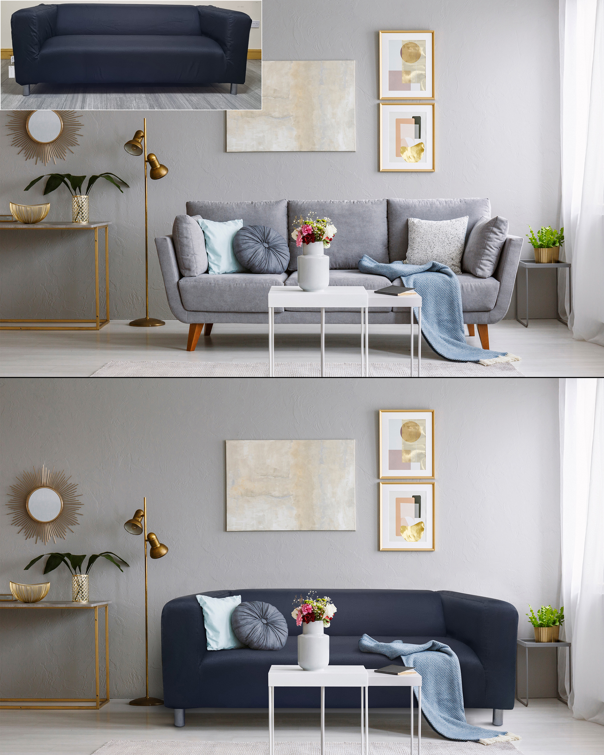 Modern living room with dark blue sofa in grey colors with white and golden accents. Before and after image, in the making.
