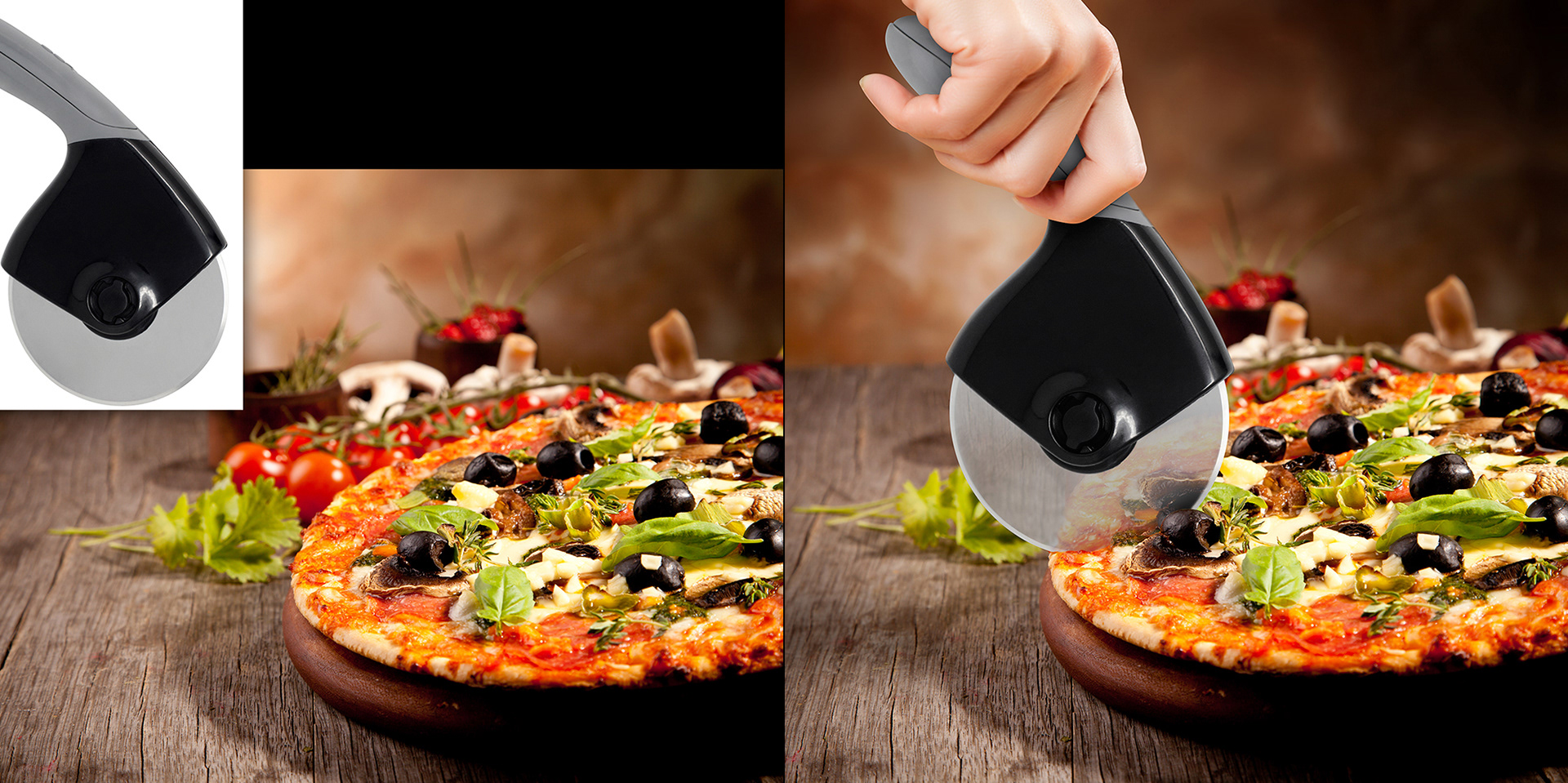 Hand is cutting pizza with pizza cutter on dark background. Before and after image.