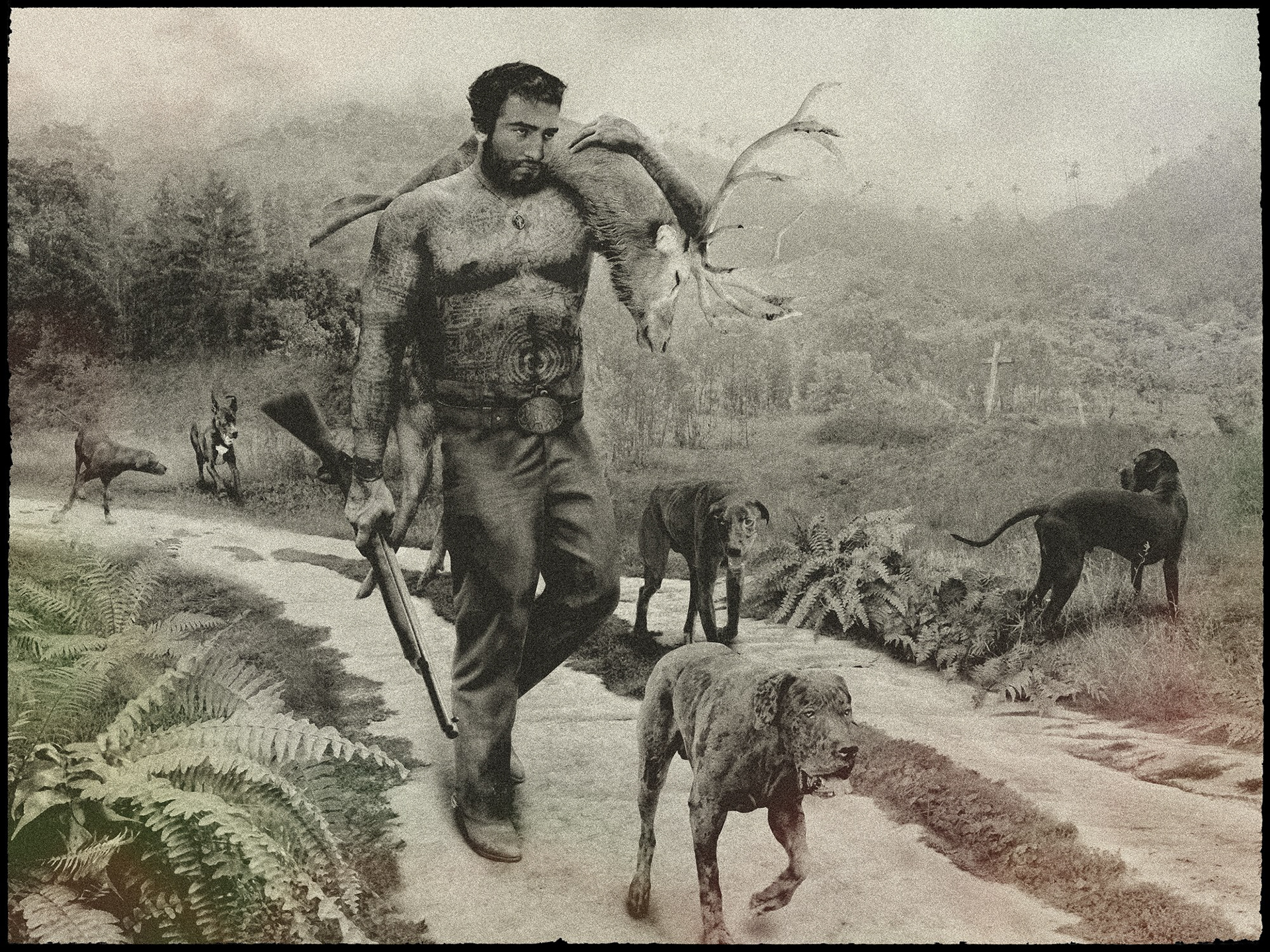 One hundred years of solitude art. Digital illustration. Jose Arcadio is coming back from the hunting, carrying a deer on his shoulder, 5 dogs are with him