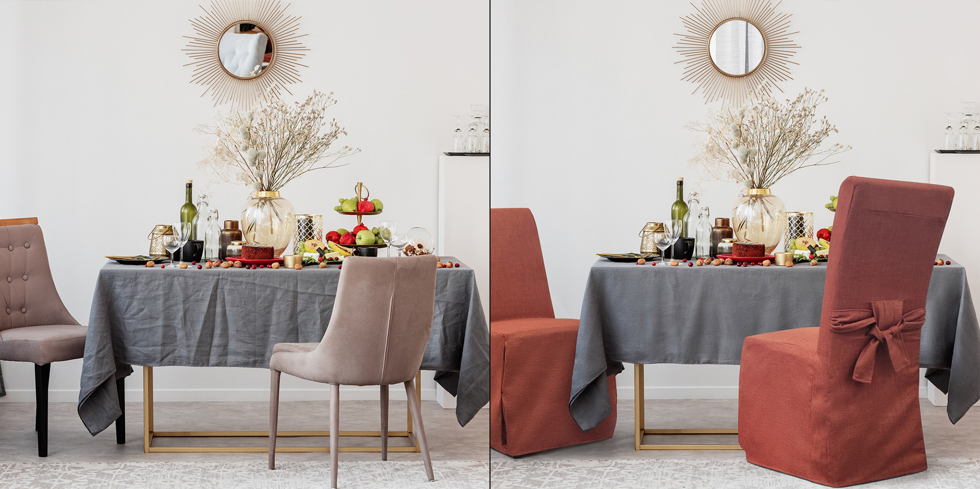 Modern kitchen a in cream and grey colors with 2 chairs with dark coral color fabric covers. Before and after image.