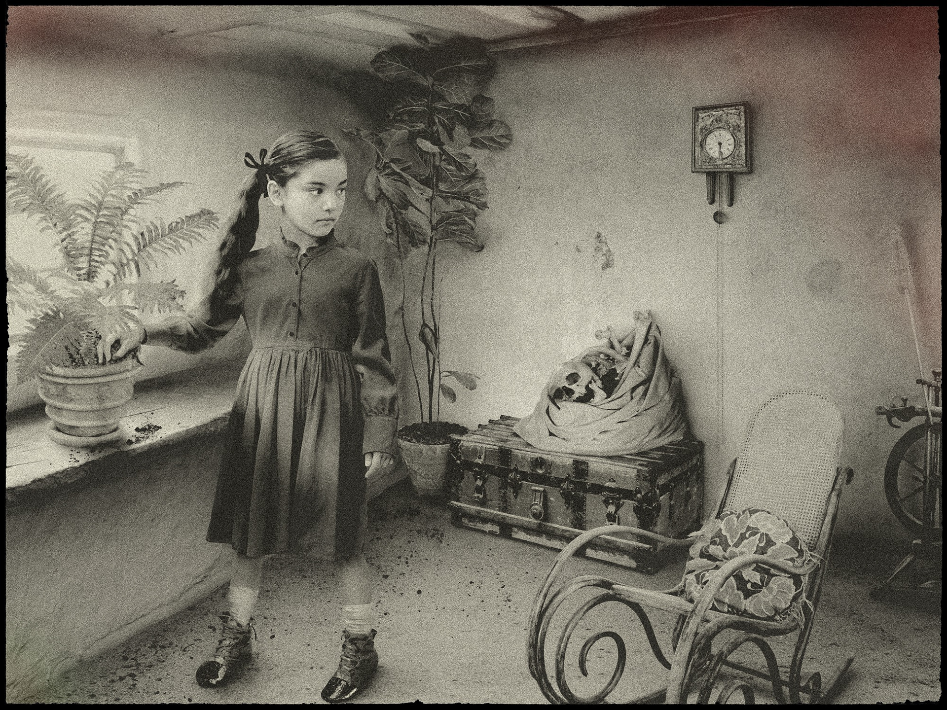 One hundred years of solitude art. Digital illustration. Rebeca stealing the dirt from the pot with plant