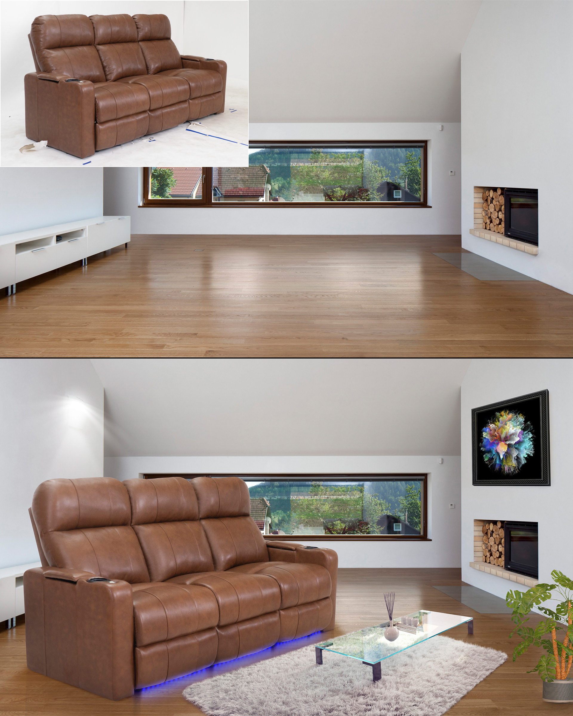 Modern living room with white walls, a fireplace, carpet and a brown leather sofa with blue lights on. Before and after image, in the making.