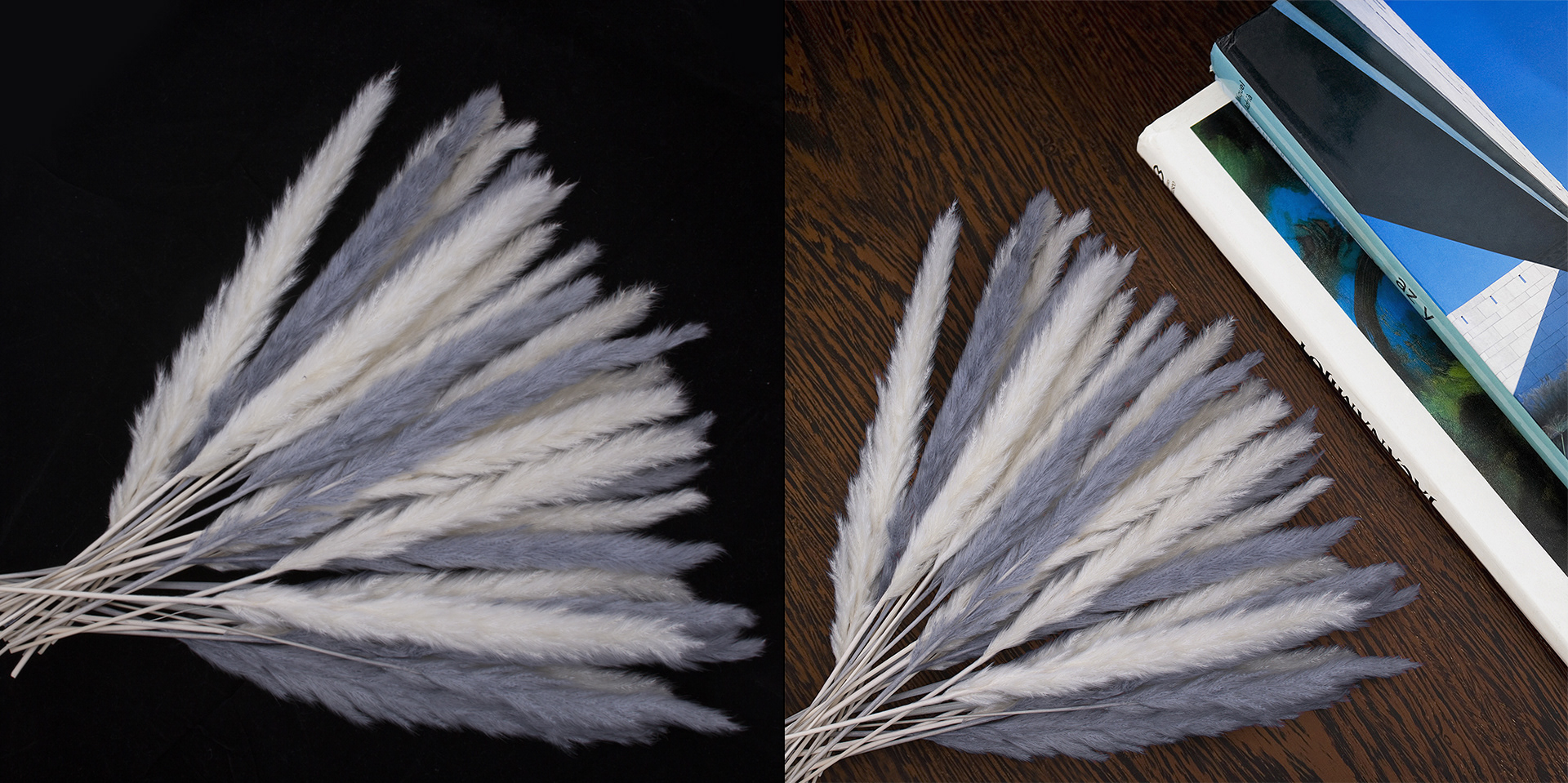 Pampas grass on wooden desk with magazines. Before and after image.