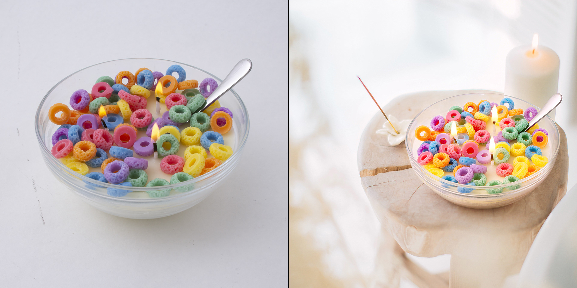 Candle made in shape of colorful cereals in a glass bowl with a spoon.