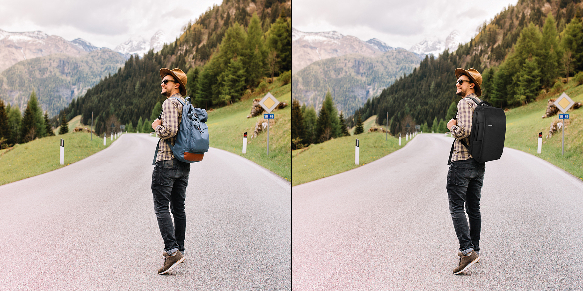 Man in hat wearing backpack walking on the road in the mountains, nature. Before and after image.