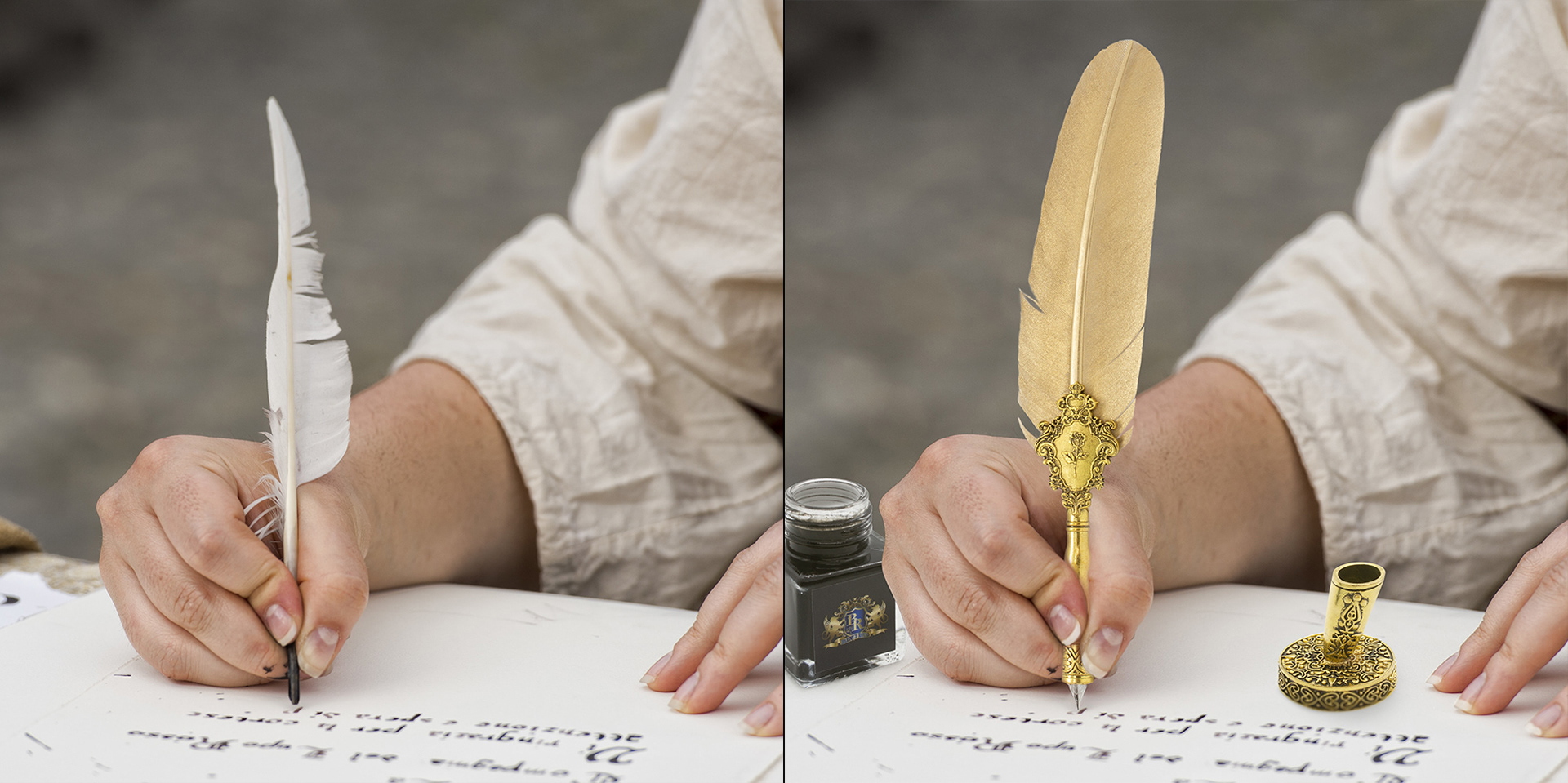 Person from the past is writing a text using a feather with ink, ink pen. Before and after image.
