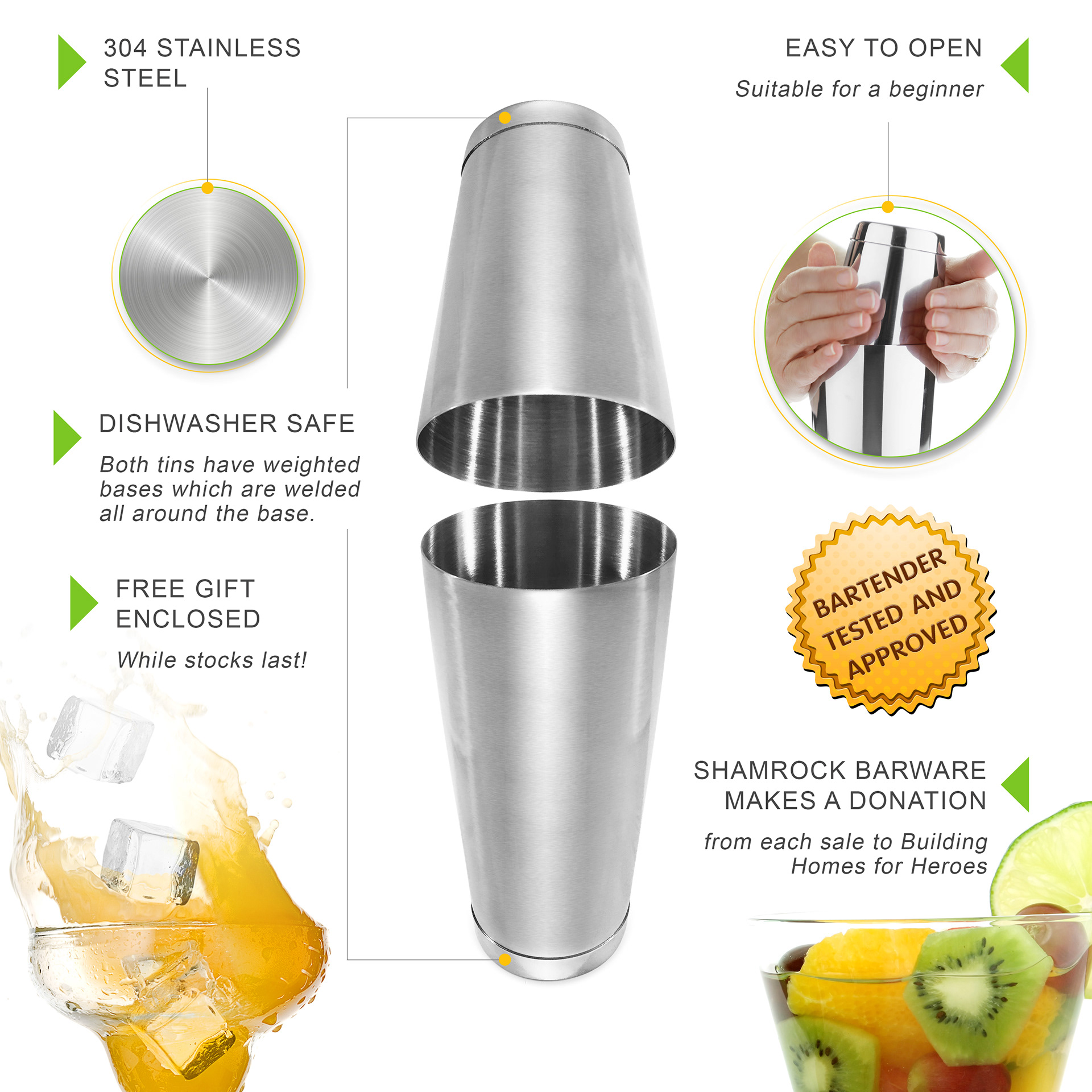 Amazon infographic for product features of cocktail shaker.