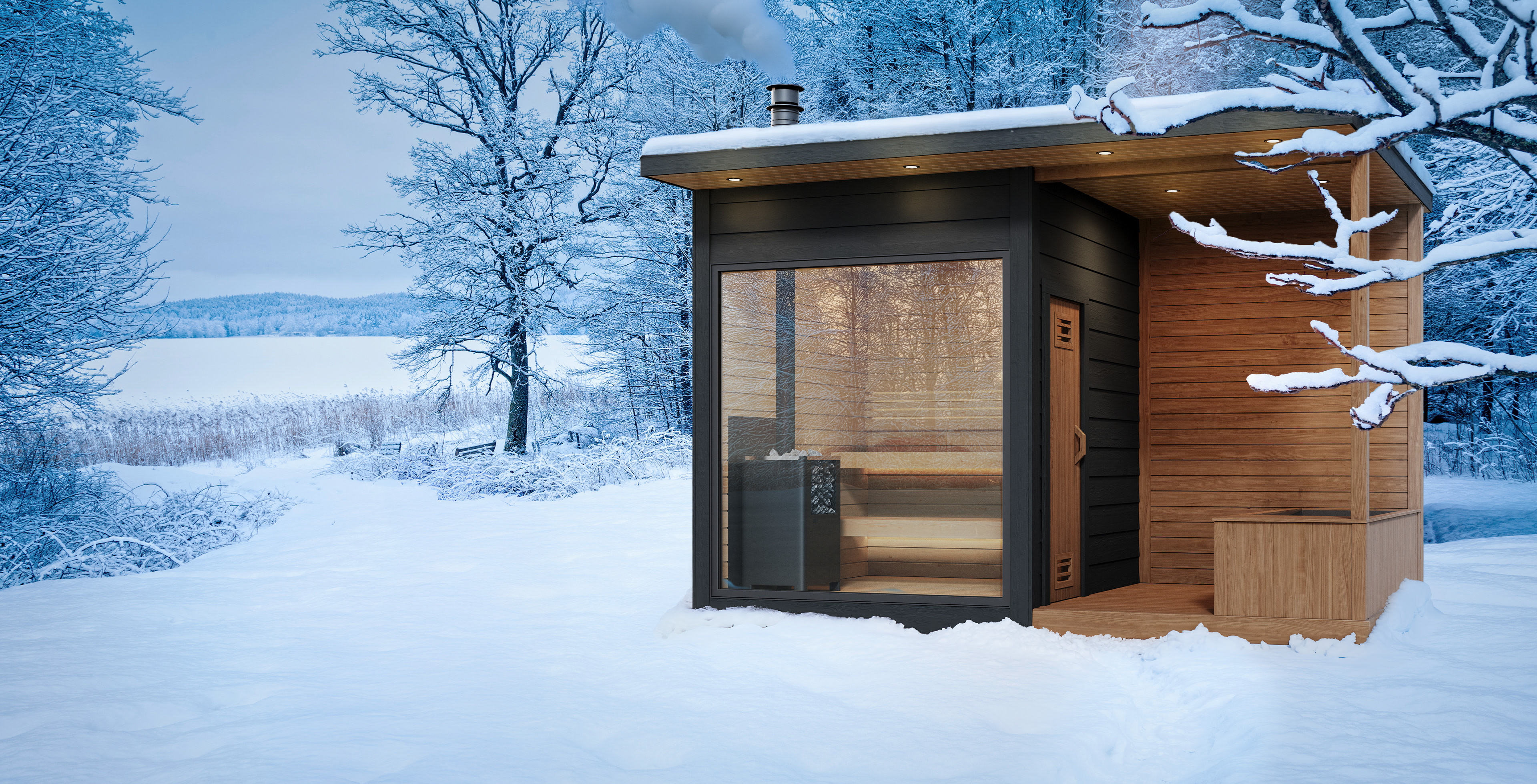 Photo composite of a sauna in the snowy winter landscape.