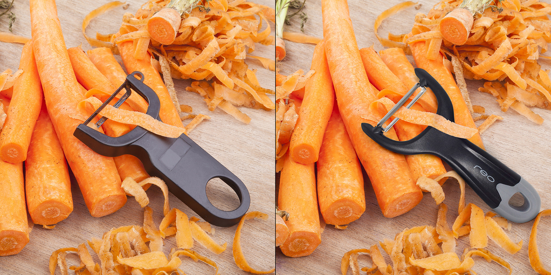 Peeler in carrots. Before and after image.