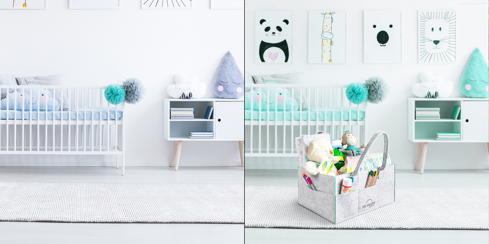 Grey felt fabric baby bag in grey and turquoise chidren bedroom with toys. Before and after image.
