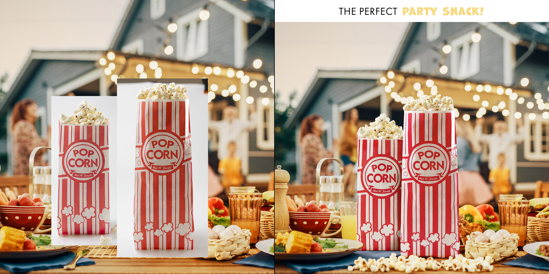 Paper bags with pop-corn are standing on the party table on the blurred background of a country house.
