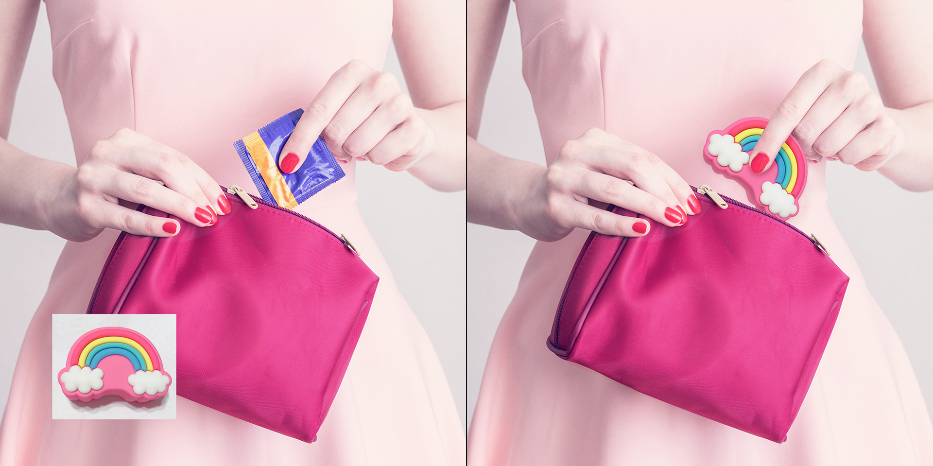 A woman in pink dress is holding a fuchsia purse and putting a condom in it.