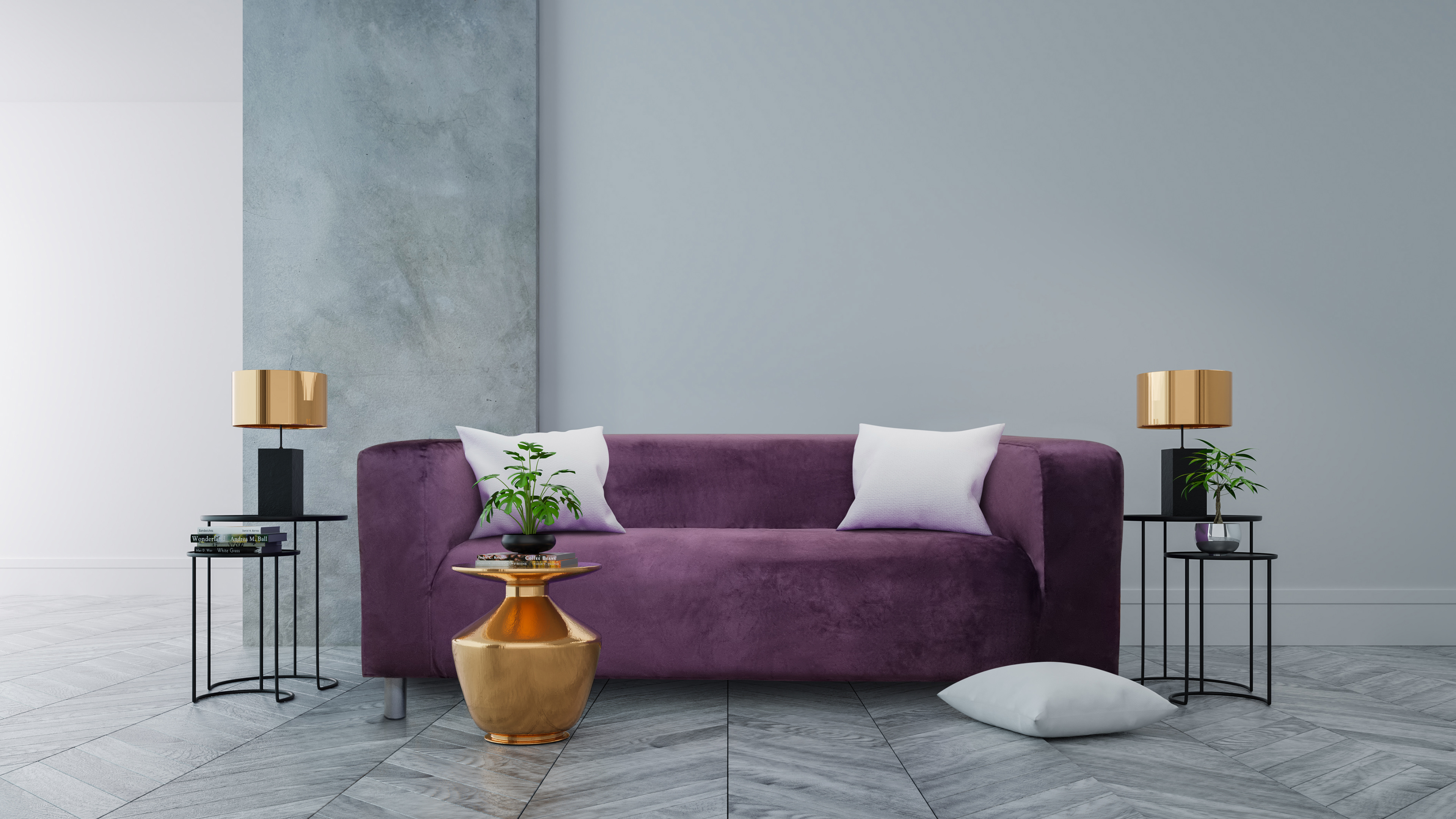 Modern living room with purple sofa in grey colors with golden accents.