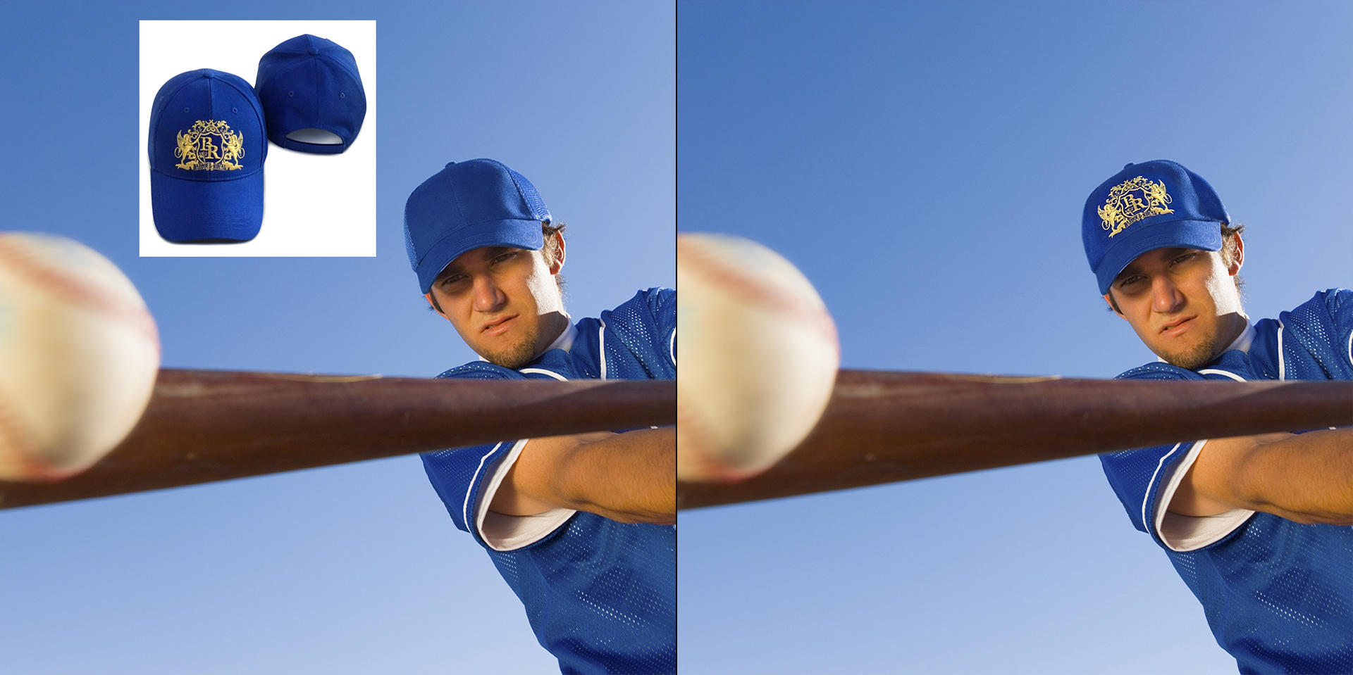 A male baseball player in blue baseball hat with embroidery logo is hitting the ball with a bat. Before and after image.