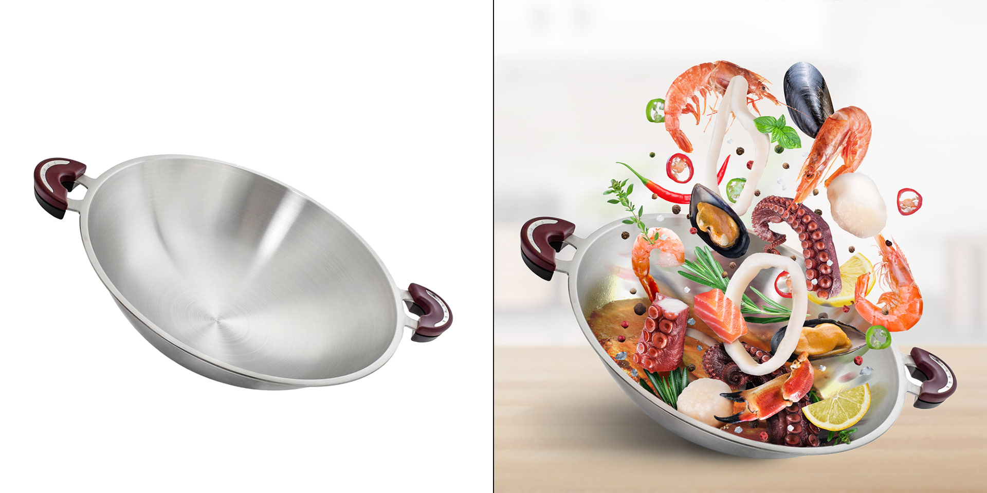 Flying wok with seafood and oil.  Before and after image.