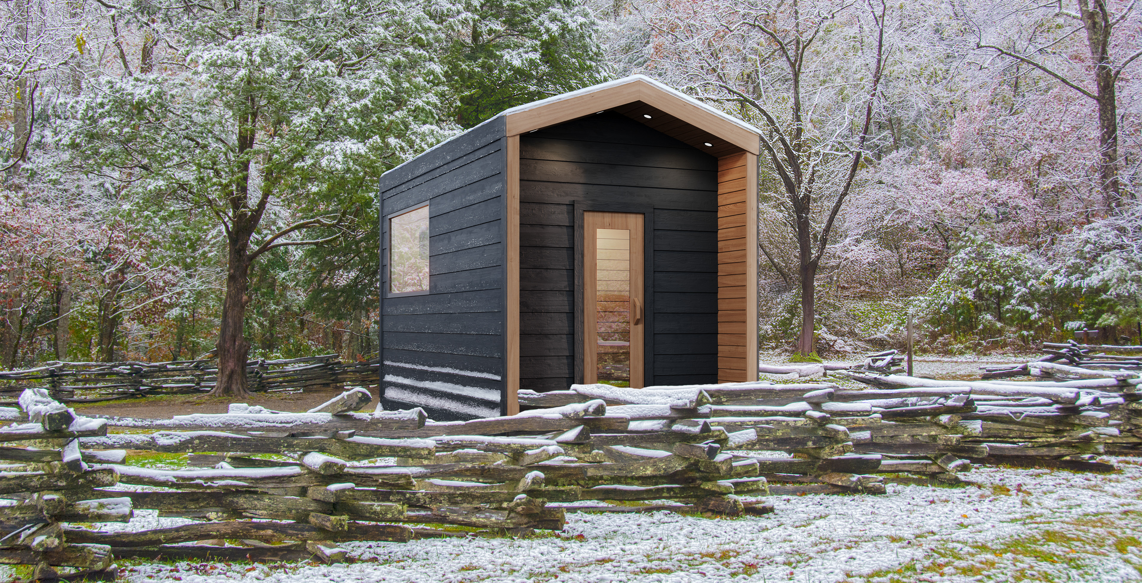 Photo composite of a sauna in the early spring landscape, slightly covered in snow.
