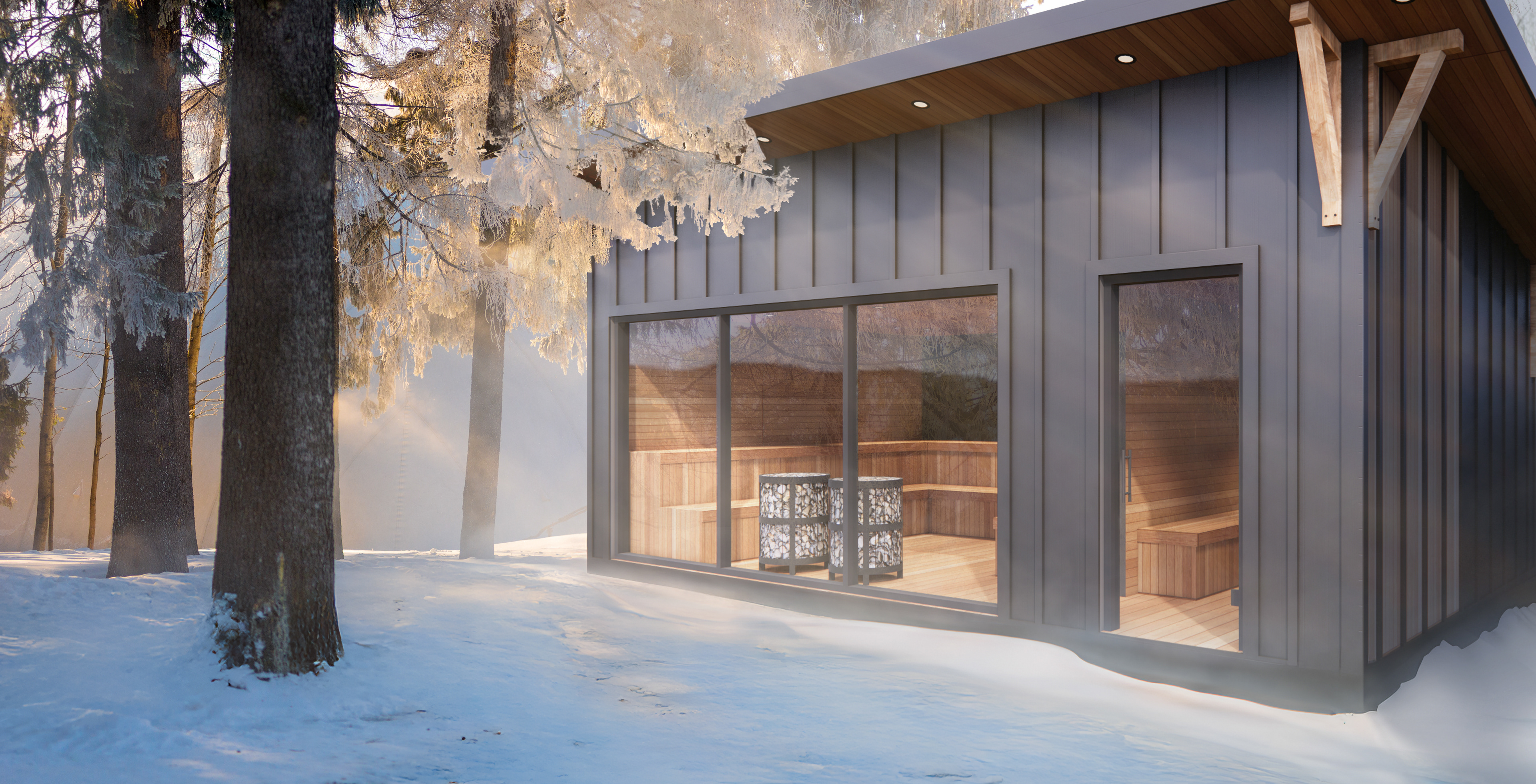 Photo composite of a sauna in the snowy winter landscape in the sunrays.