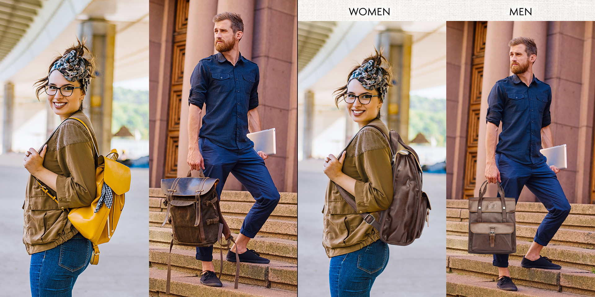 Woman in brown jacket and man in dark blue shirt and pants are wearing backpacks. Before and after image.
