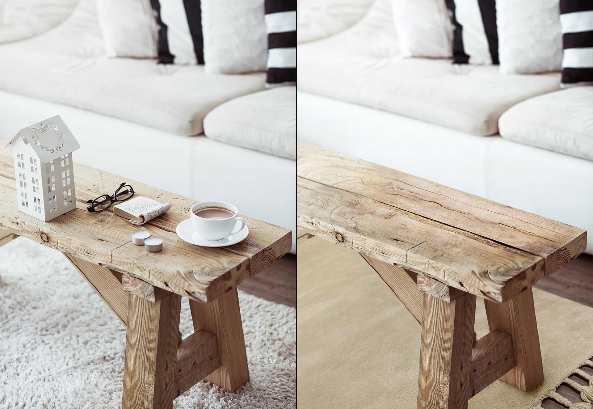 A wooden coffee table with objects on it and a carpet on the floor. Before and after image.