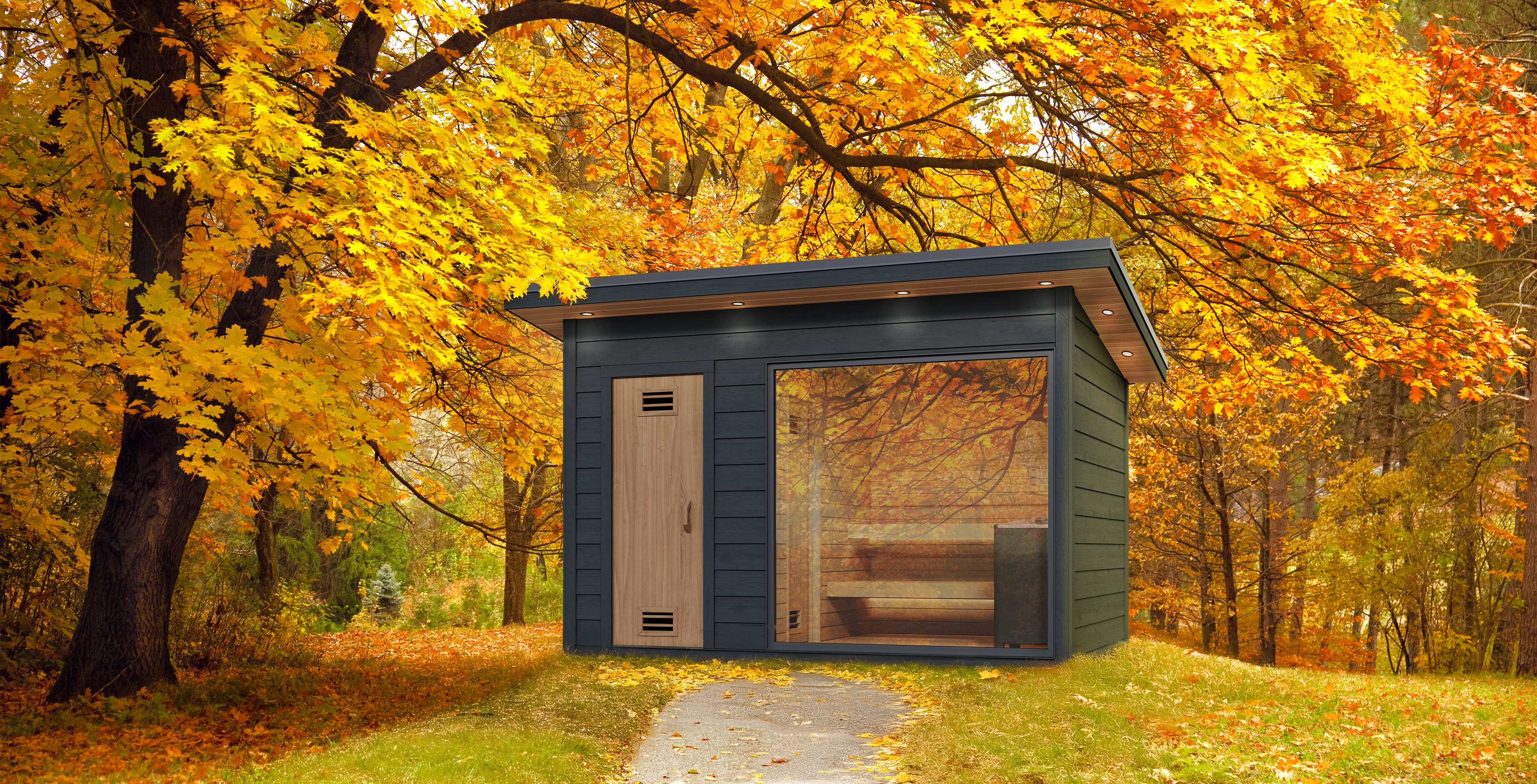 Photo composite of a sauna in the colourful autumn landscape full of yellow leaves.