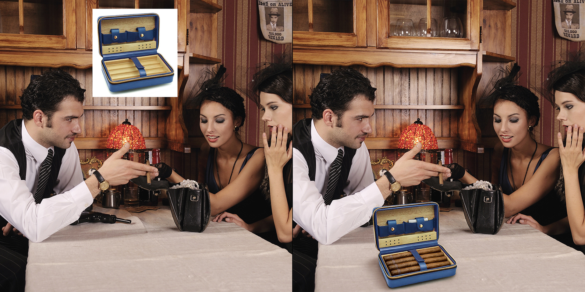 Stylish young man showing cigars to classy women in old west environment. Before and after image.
