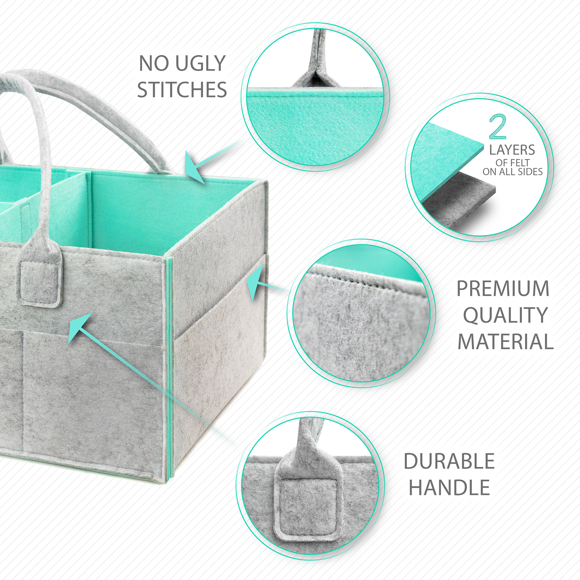 Amazon infographic for product features of felt baby basket.