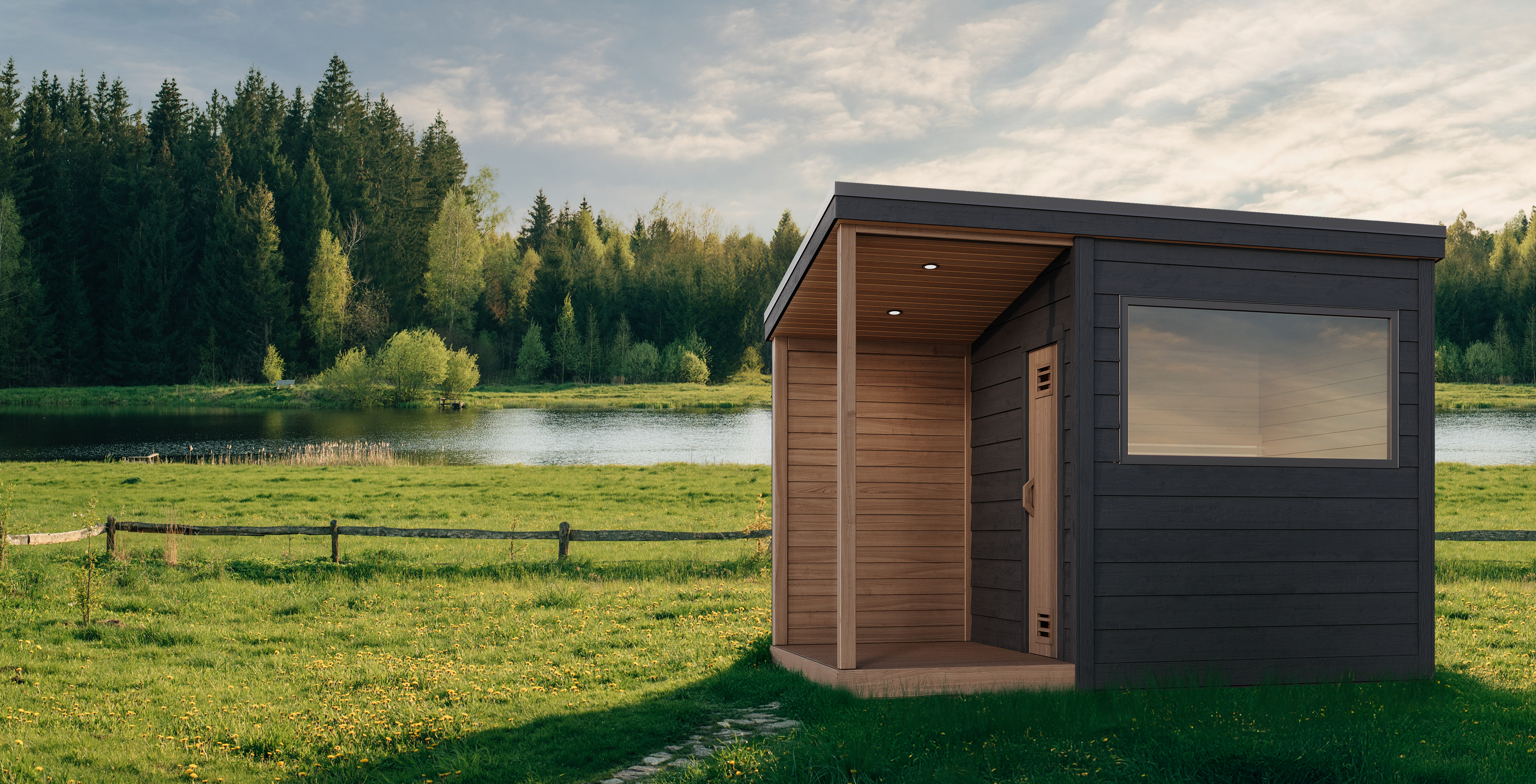 Photo composite of a sauna in the summer landscape with water, green grass and trees.