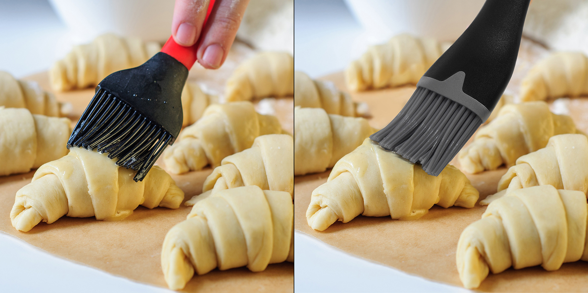 Raw croissants are being prepared to be baked. Hand with silicone brush is applying glaze. Before and after image.