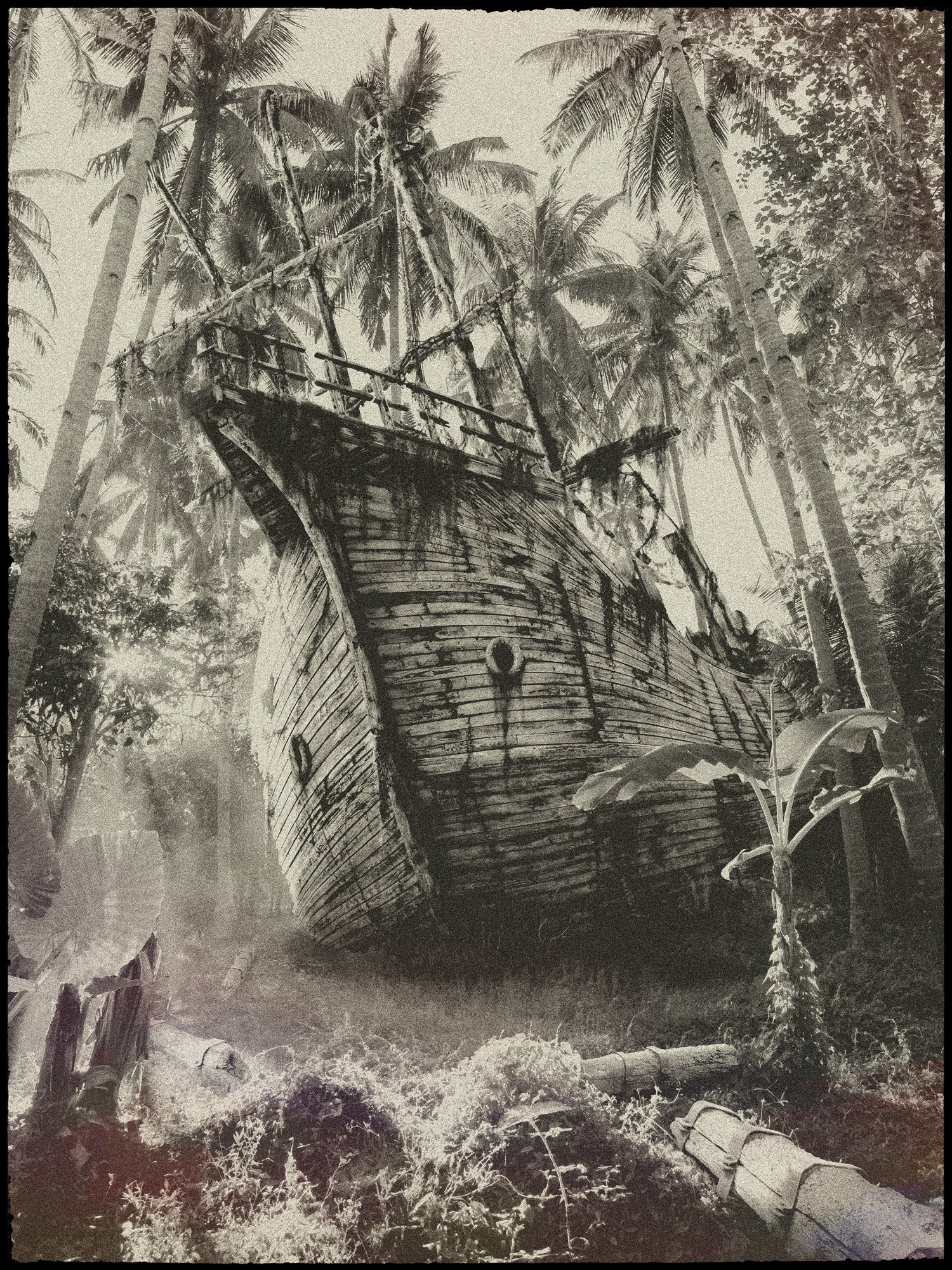One hundred years of solitude art. Digital illustration. Galleon