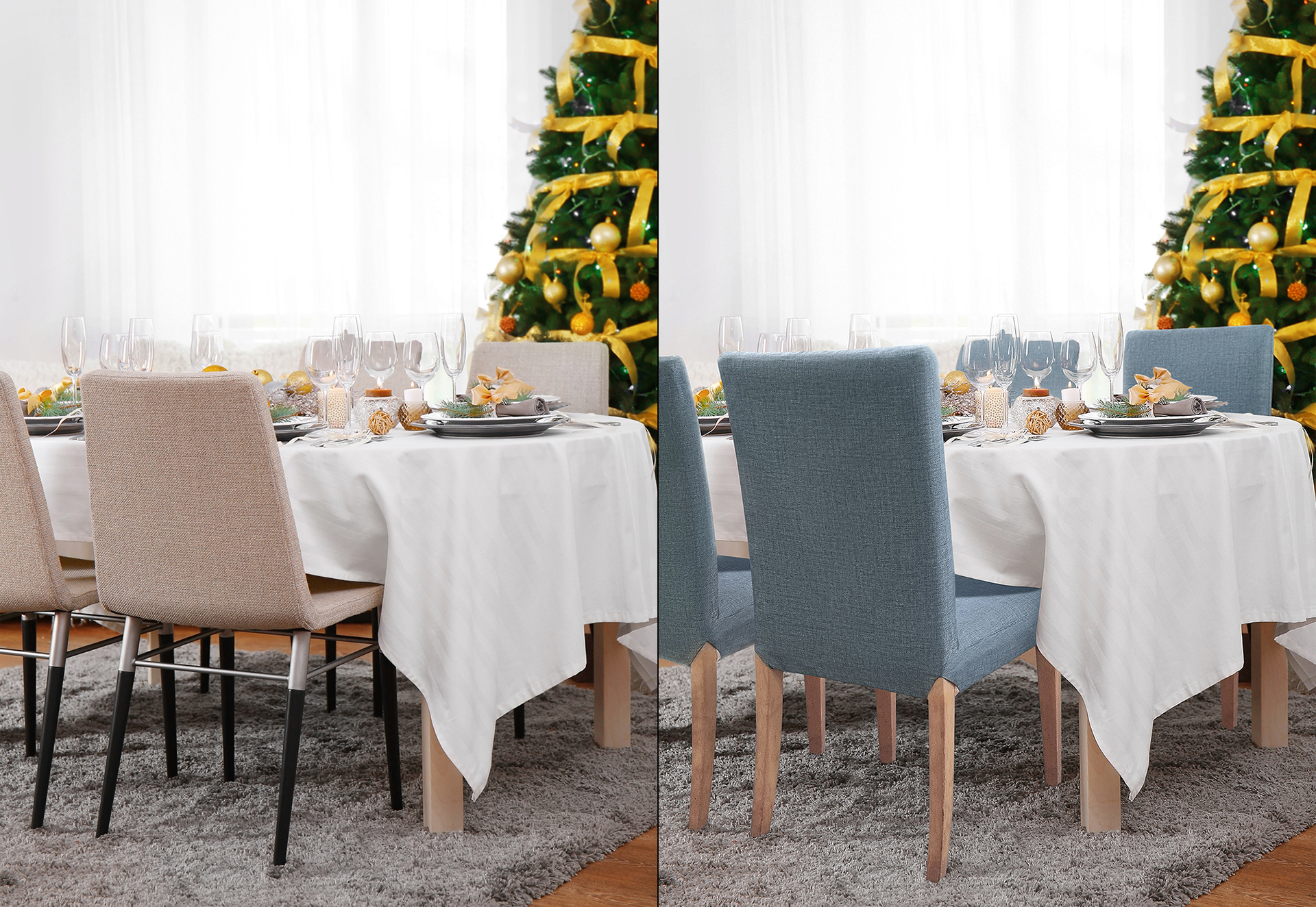 Modern kitchen with decorated  Christmas tree and set table, with chairs in grey-blue fabric covers. Before and after image.