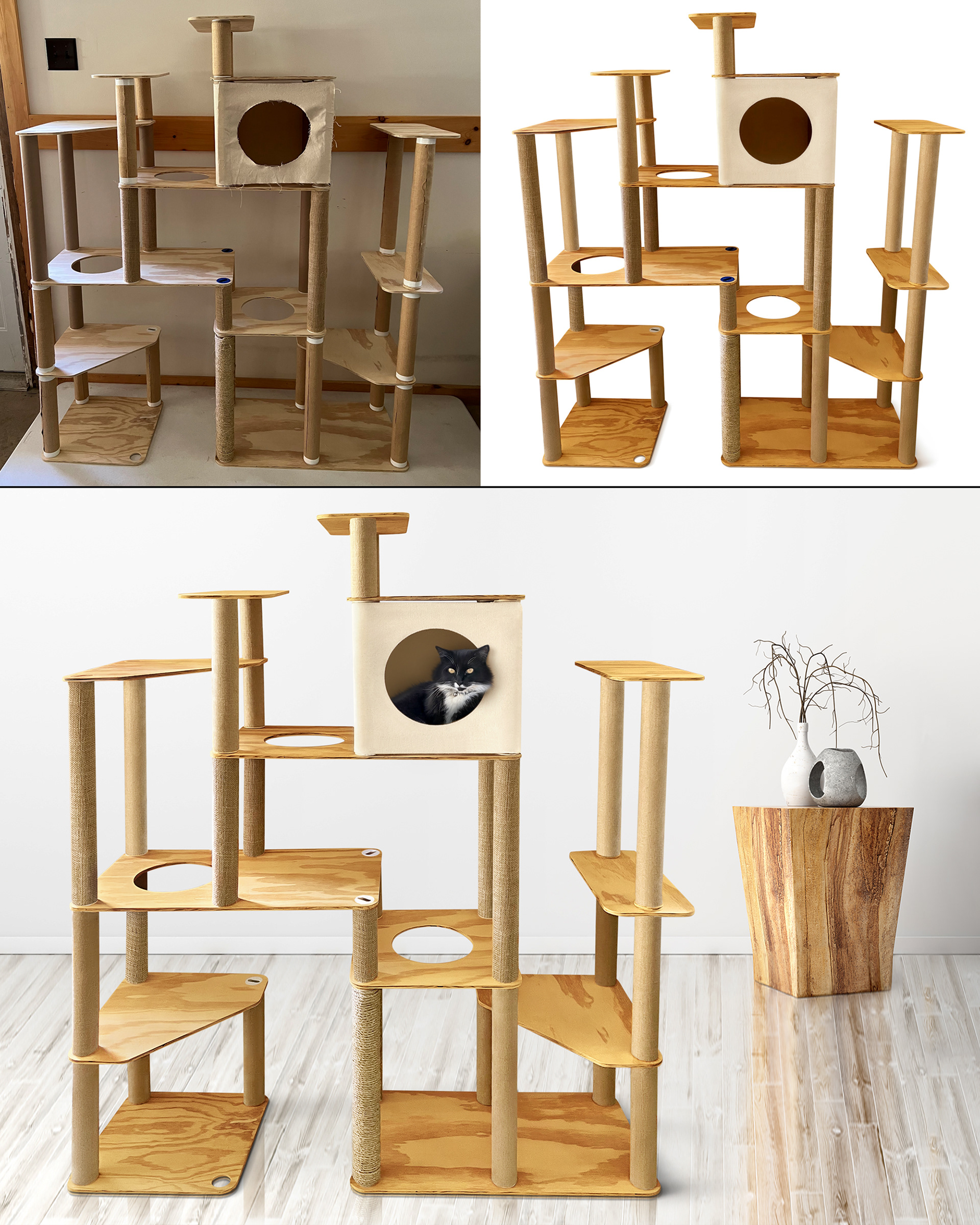 Complex model of a cat tower with 1 black and white cat in bedroom of creamy and beige colors. Before and after image.