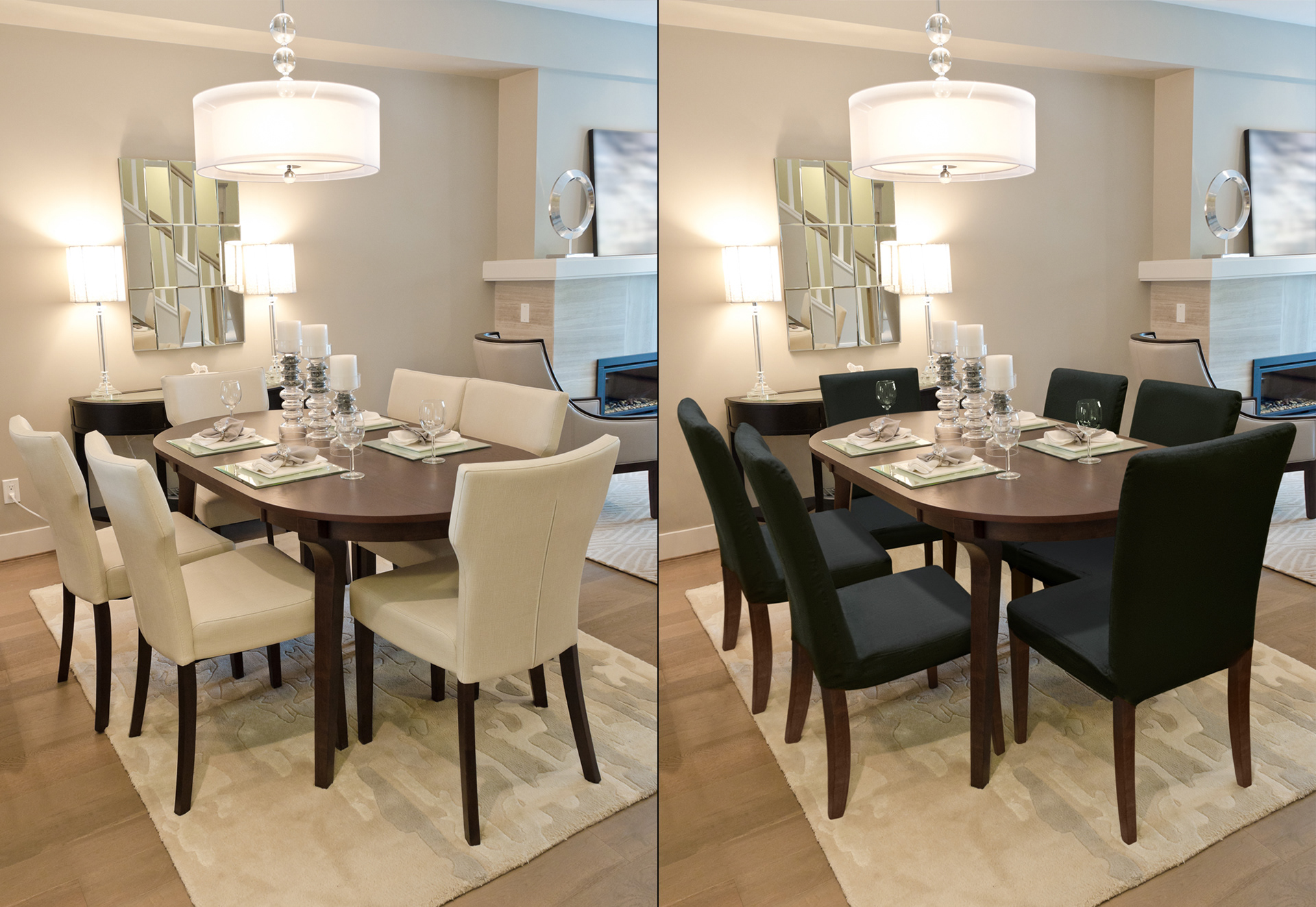 Modern dining room beige colors and set table with chairs in black fabric covers. Before and after image.