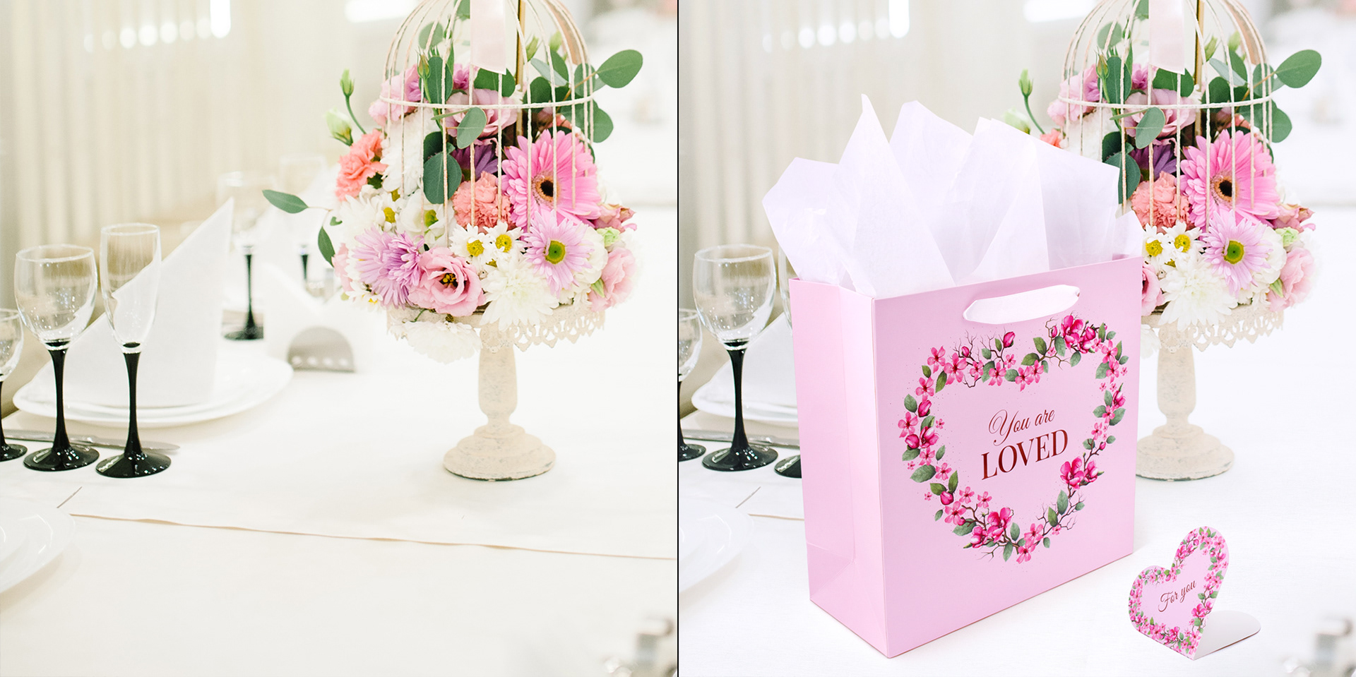 Pink gift bag with text "You are loved" with a small pink heart shaped postcard on the table prepared for celebration. Before and after image.