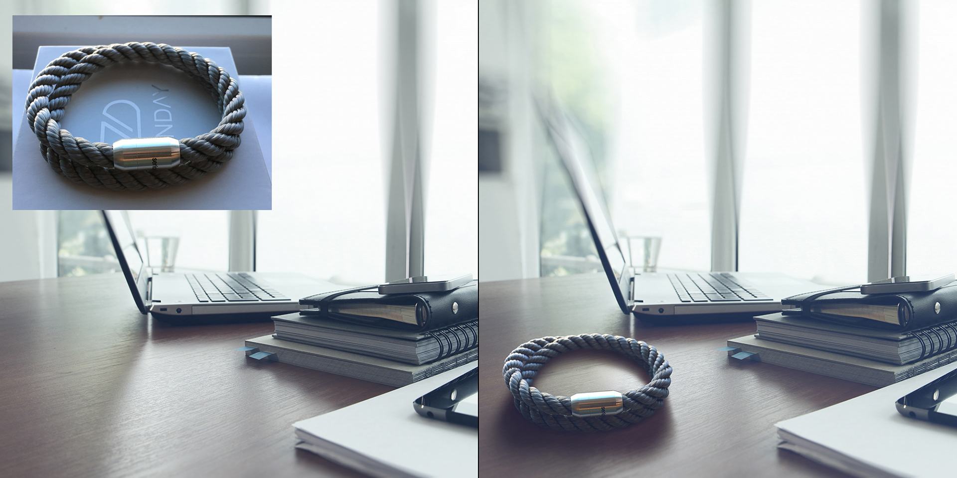 Bracelet on desktop in the office with soft light coming from the window. Before and after image.