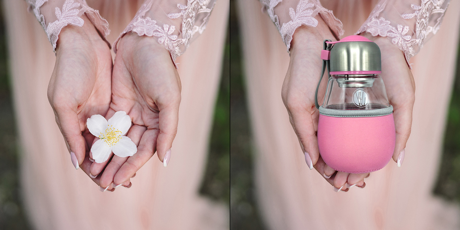 Pink baby bottle in female hands with pink embroidery sleeves and blurred background. Before and after image.