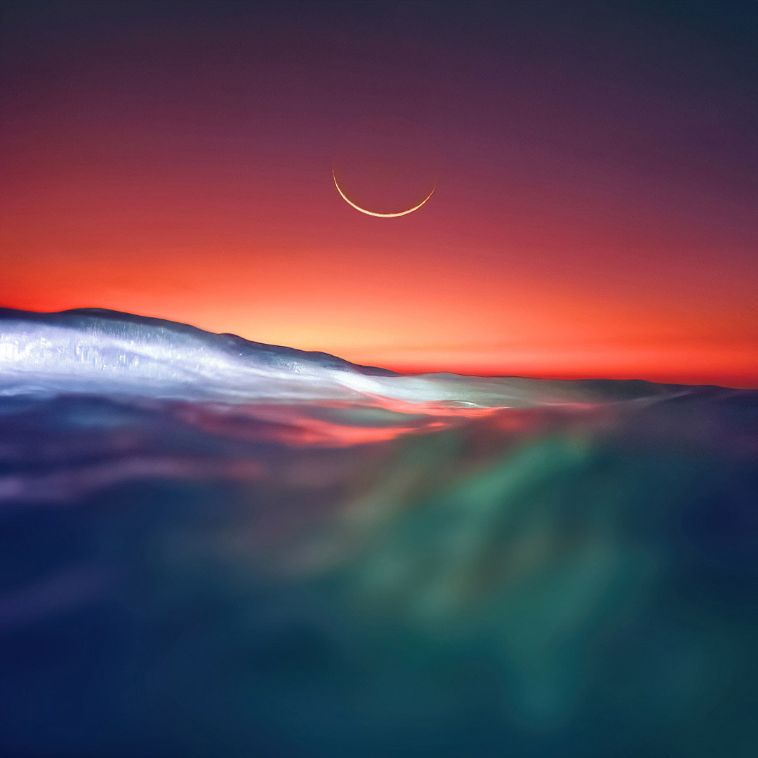 Waxing crescent moon at twilight.