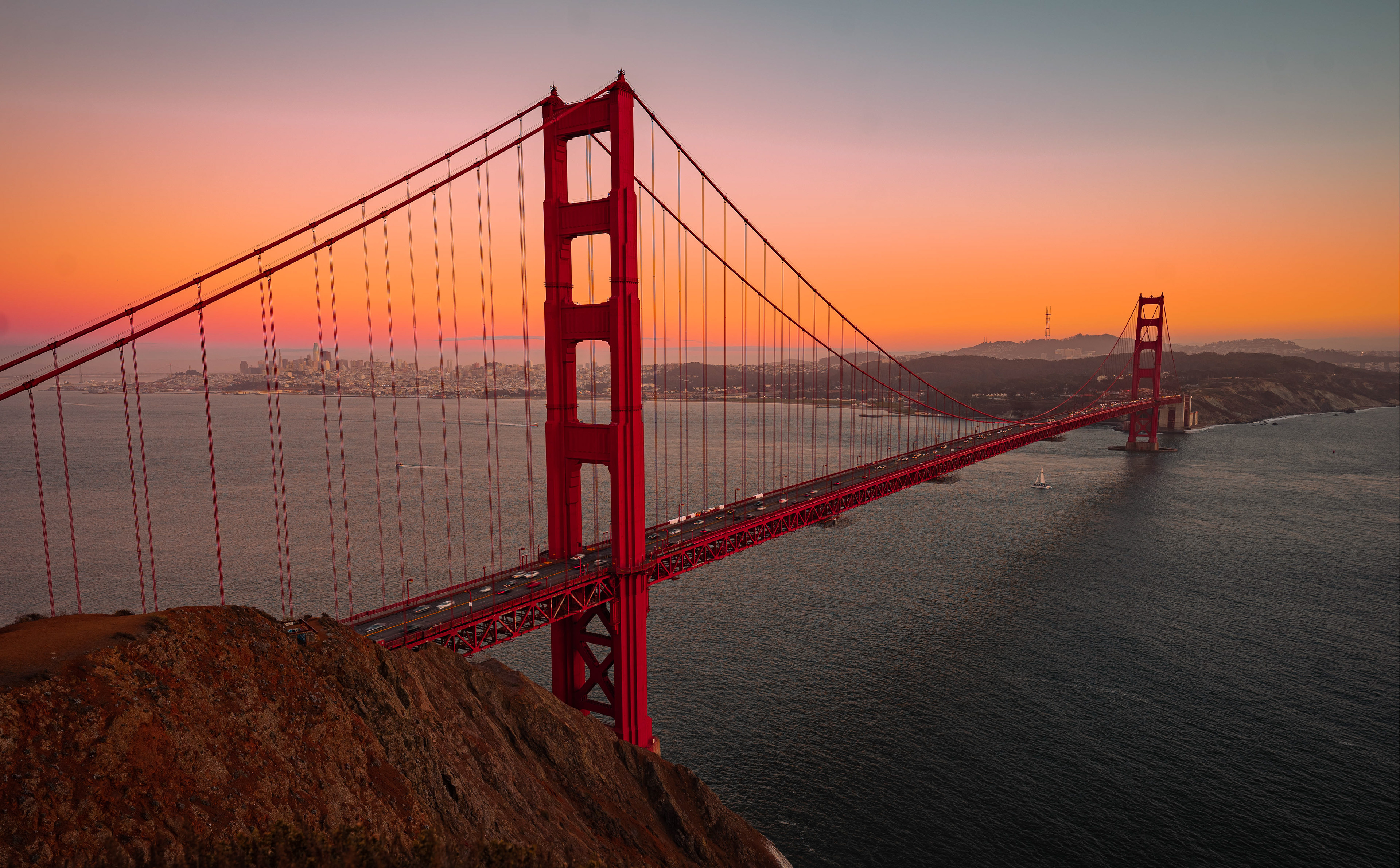 The golden Gate Bridge under the last light of the evening. San Francisco, California