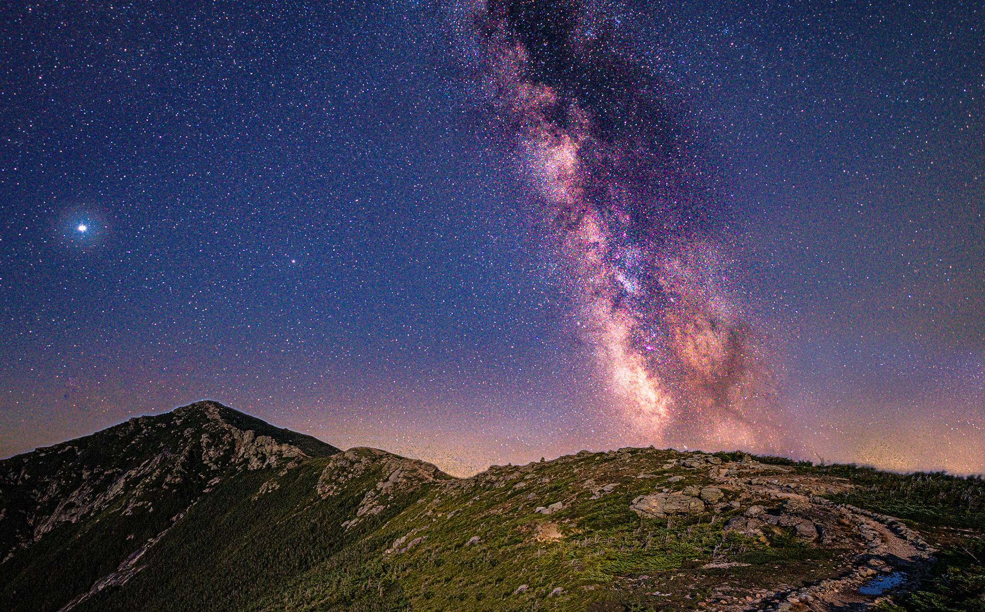 The Franconia Ridge Trail under the night sky. Located in New Hampshire.
