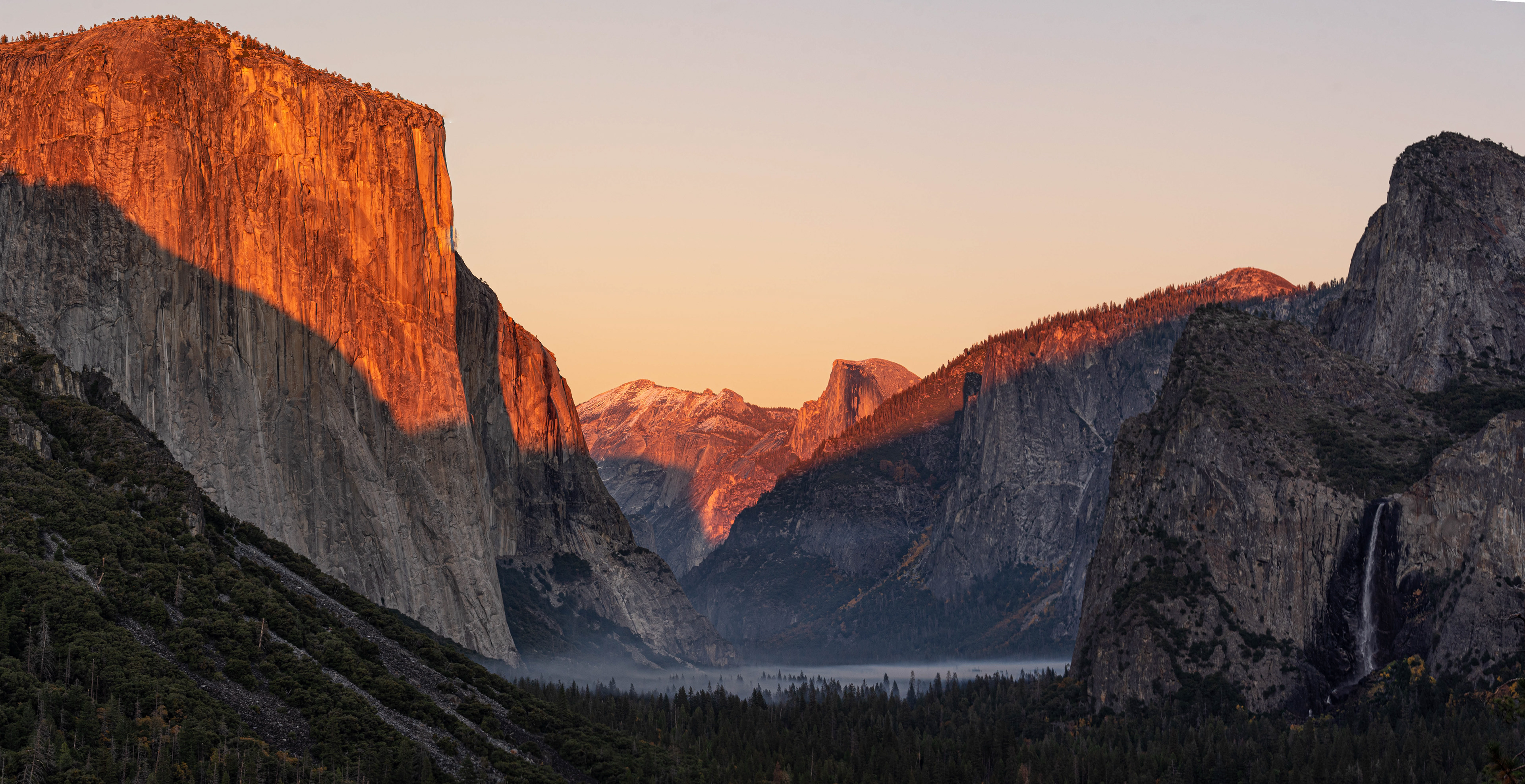 Yosemite Valley receiving its final light of the day. Yosemite National Park