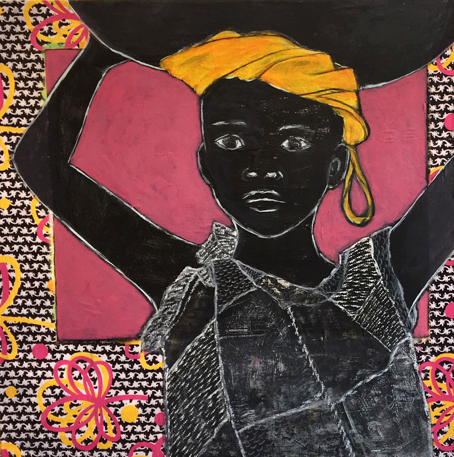 Kayayo #1 Tekstil og akrylmaling på plate 78x78 cm