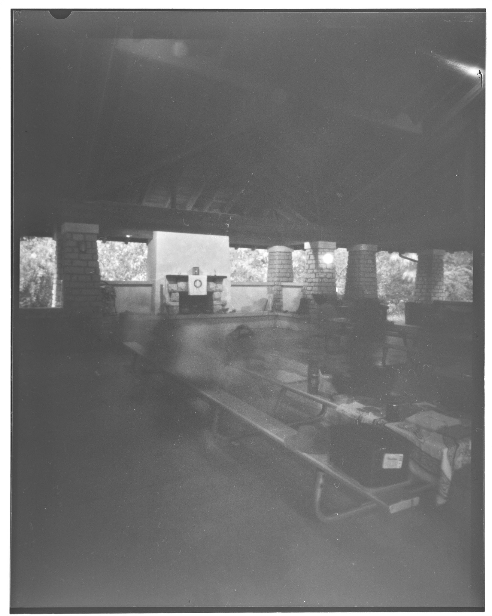 Our anniversary rite is the Autumnal Equinox, and we celebrate most years at the Mansion Shelter at Highbanks Metropark, near where it all began. Under a burn ban this year, we couldn't have a fire, so we lit an electric lantern atop the hearth. f/231, 75mm, 2 hour exposure. Arista EDU Ultra 100 B+W 4x5 film