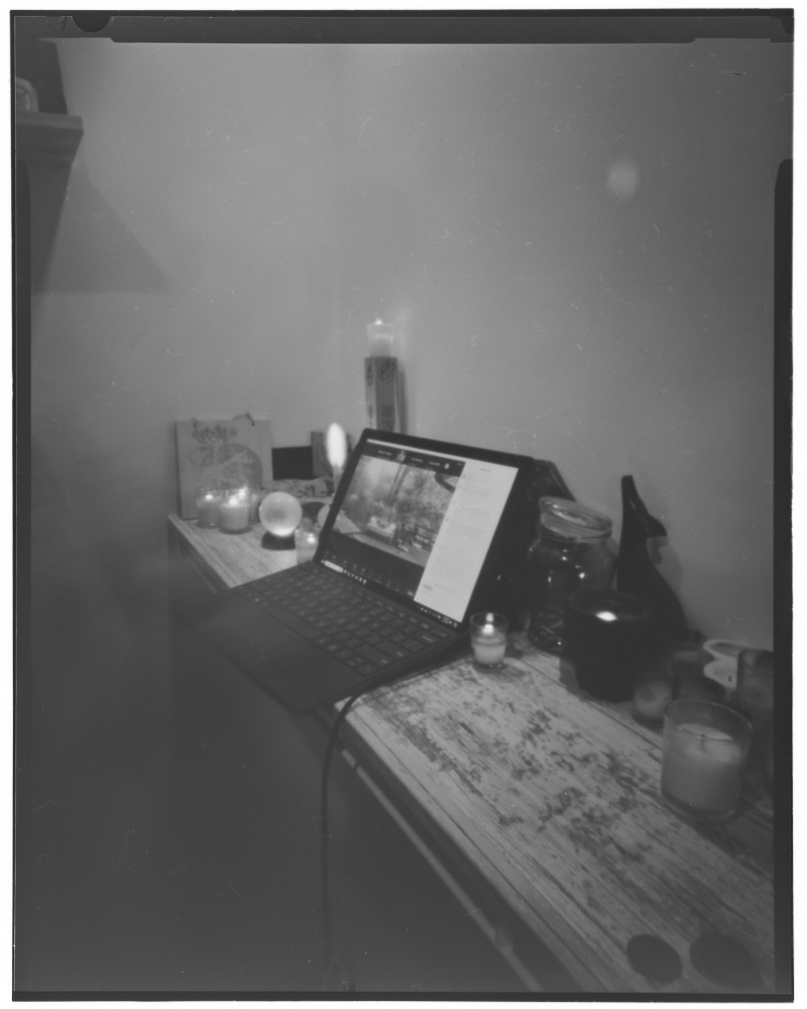 While ill during a main High Day Rite for Three Cranes Grove, ADF, I stayed home and watched from Zoom. I lit my altar, worked along with the folk, and crafted my own experience in the space; separate, but together. f/231, 75mm, 45min. Arista EDU Ultra 100 B+W 4x5 film