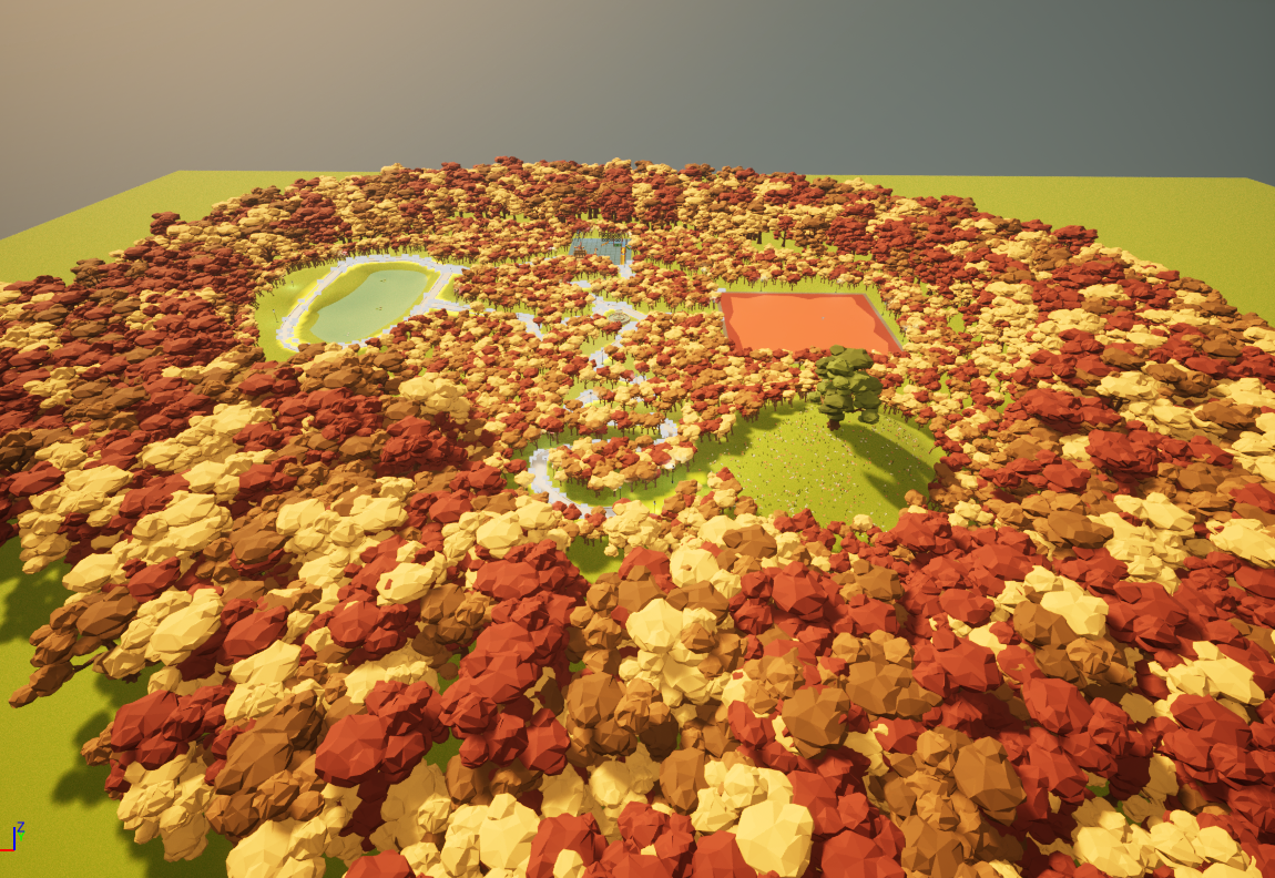 Version 4- Integrated tree color and size variation. Used a spline to draw the concrete path for players to follow